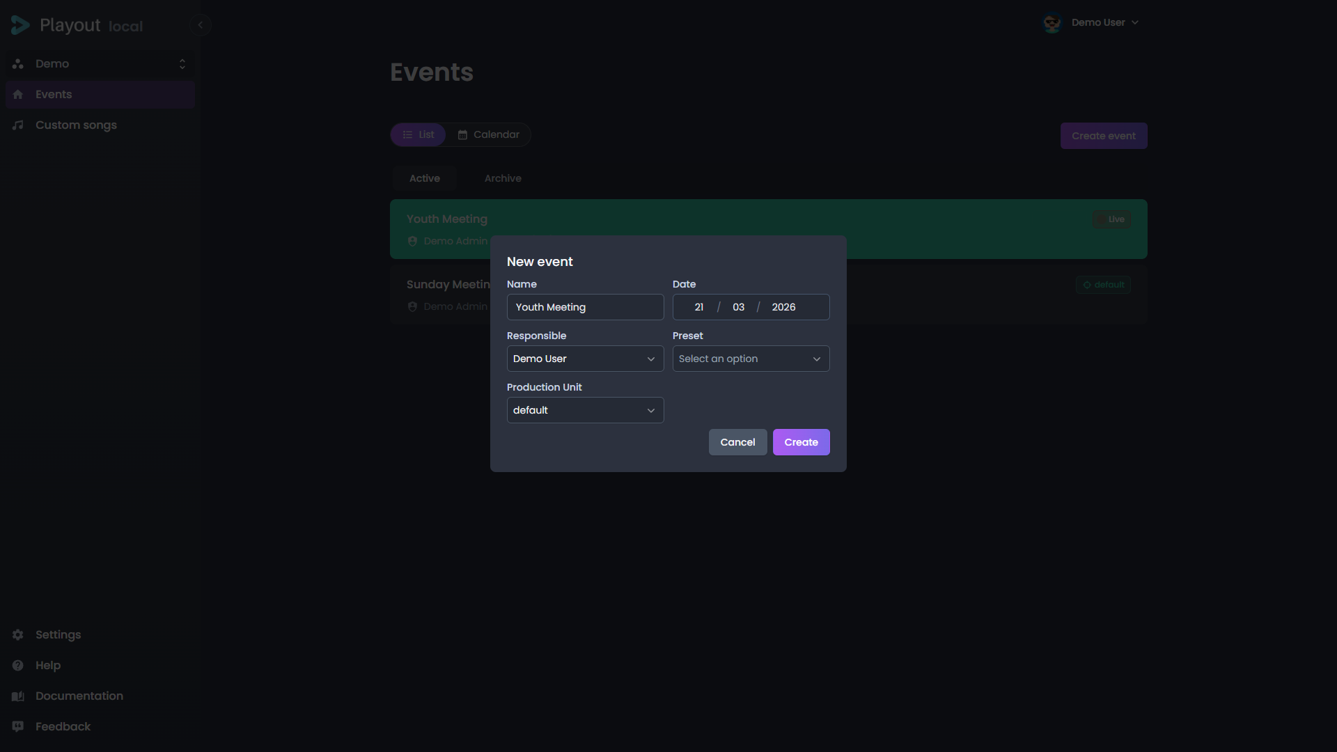 Create event dialog