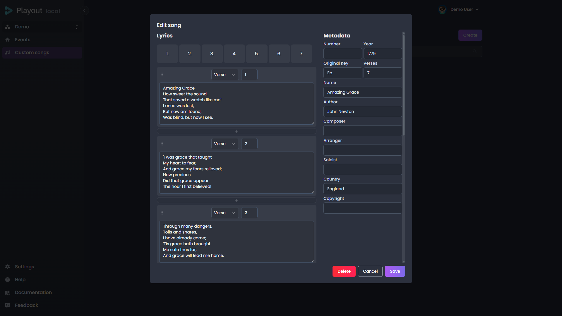 Custom songs page